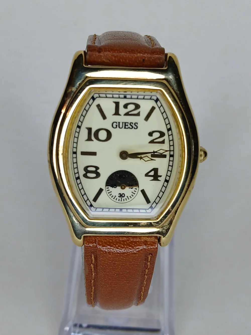 GUESS Men's Brown Leather Strap Gold-Tone Watch